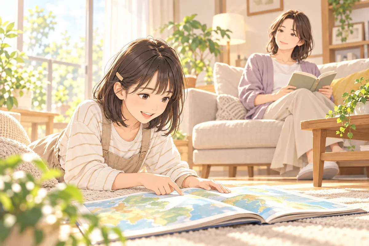 休日の午前のリビングで、床に地図帳を広げて見入っている小学6年生の女の子と、少し離れたソファで本を読む母親
