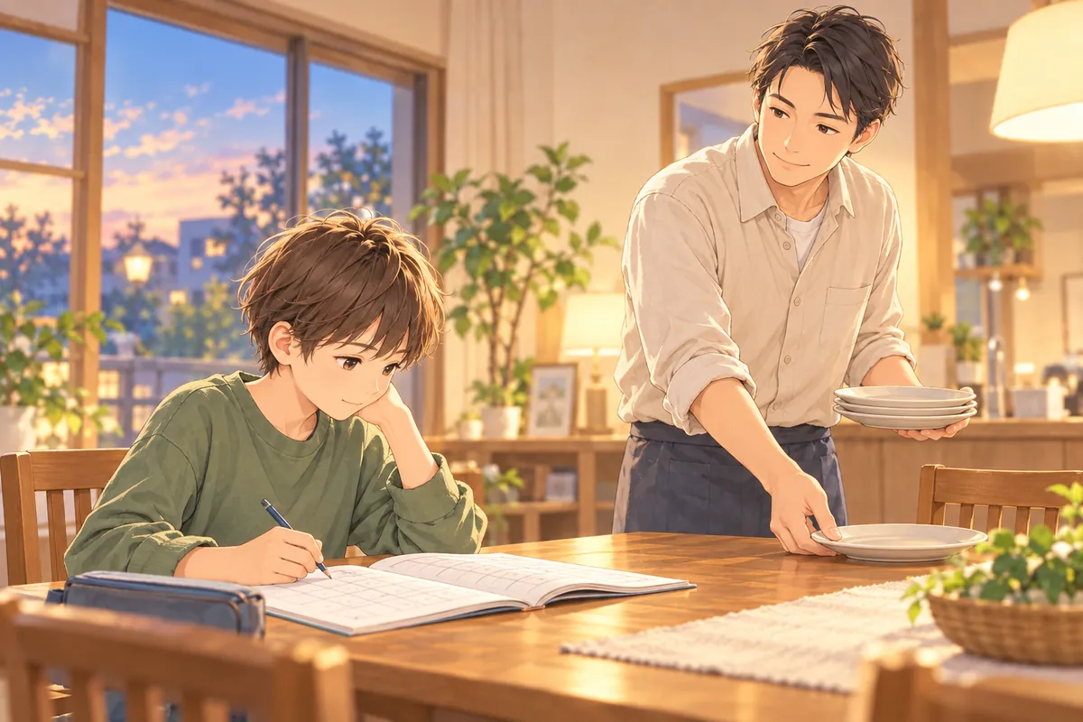 夕方のダイニングテーブルで、漢字ドリルを広げる小学5年生の男の子と、向かい側で夕食の皿を並べている父親